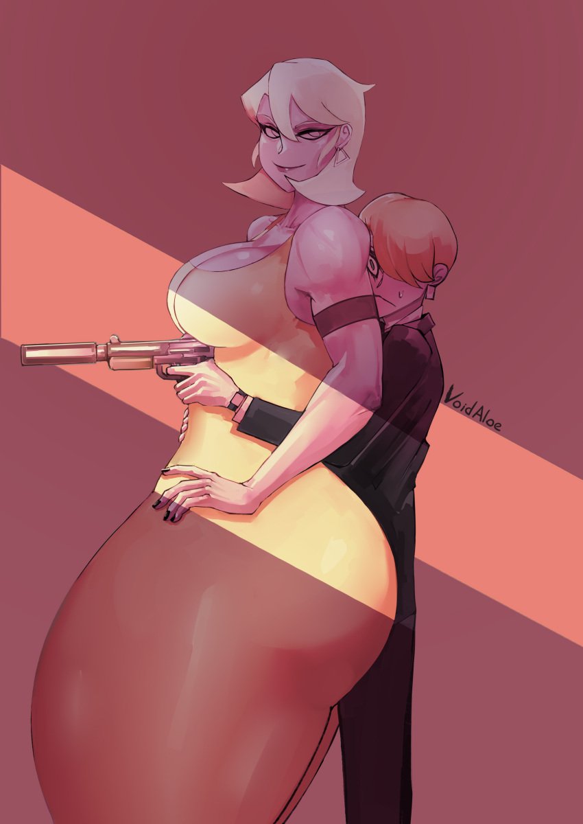 1girls ass big_ass blonde_hair breasts female gun light_skin painted_nails shark_girl_(void_aloe) taller_girl thick_thighs thighs void_aloe