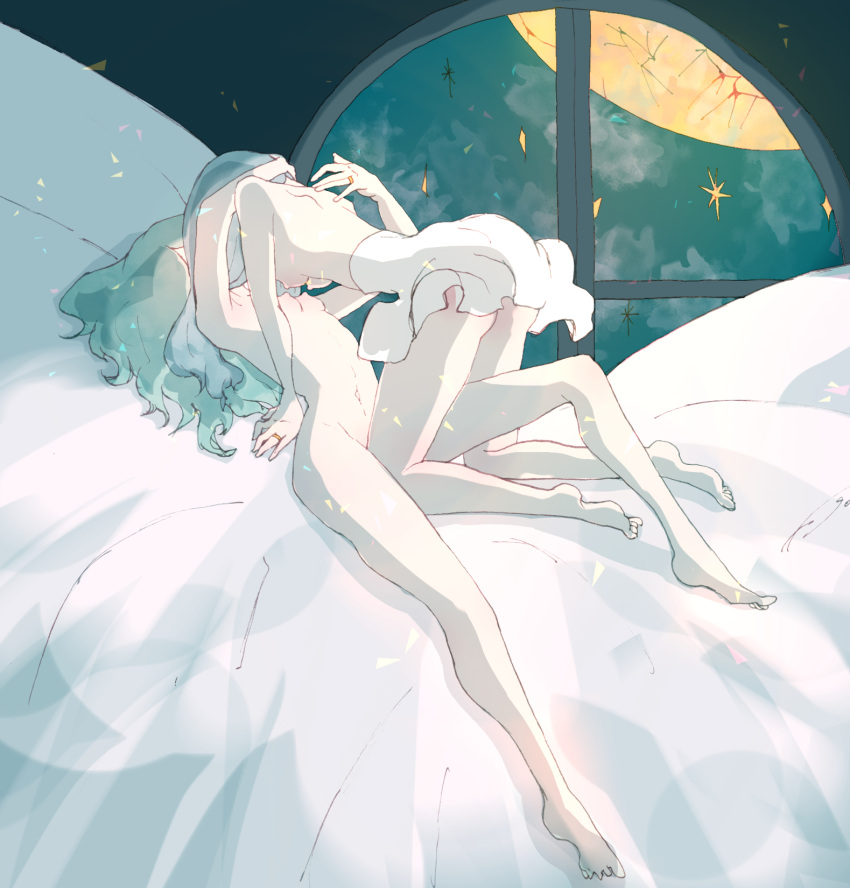 2girls aqua_hair barefoot bed highres hug kuonrw long_hair moon multiple_girls navel nipples nude original round_window skirt sky star_(sky) starry_sky topless window yuri