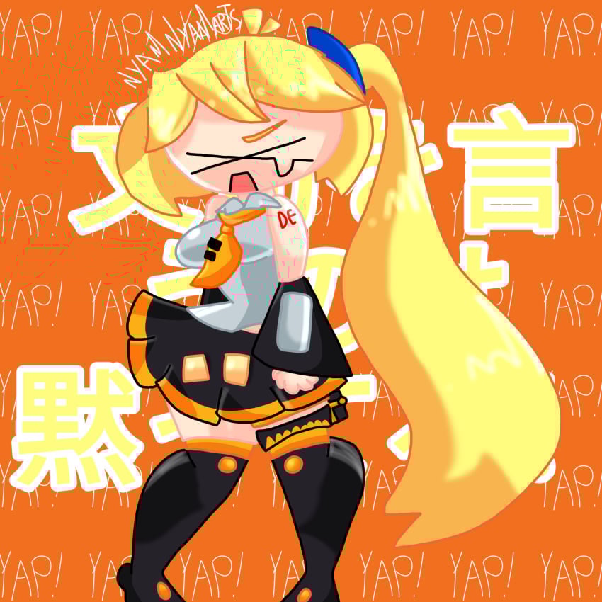 black_shoes black_skirt different_artstyle fanloid japanese_text long_ponytail mad neru_(vocaloid) no_porn open_mouth sfw short_skirt vocaloid watermark x_eyes yelling yellow_hair