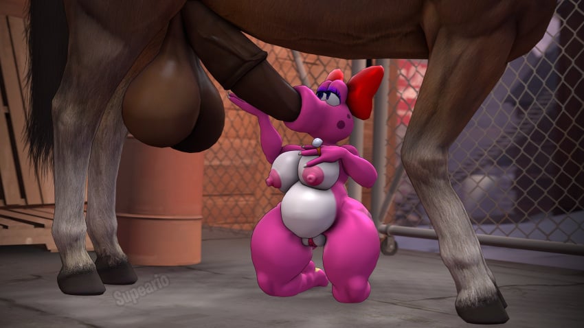 1boy 1girls 3d :>= anthro birdo blowjob cock_worship equine equine_penis fellatio female furry holding_penis horse horsecock huge_cock male mario_(series) nintendo straight supeario zoophilia