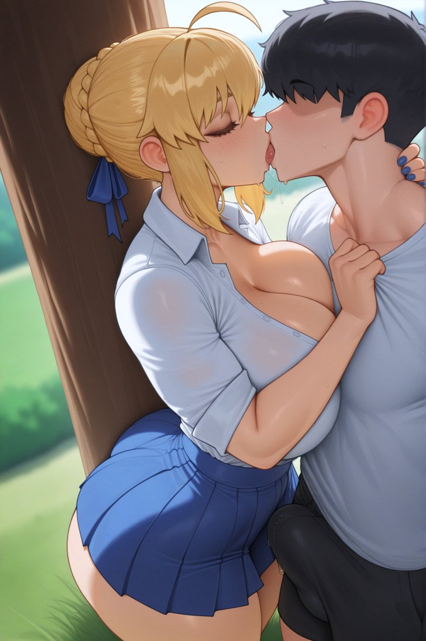 ai_generated artoria_pendragon blonde_hair breasts fate_(series) female kissing large_breasts stuffyai
