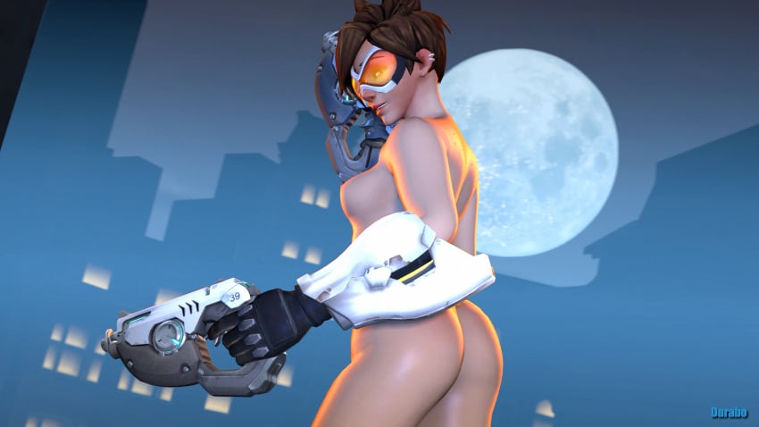 1girls 3d durabo female full_moon goggles gun nude nude_female overwatch solo tracer weapon
