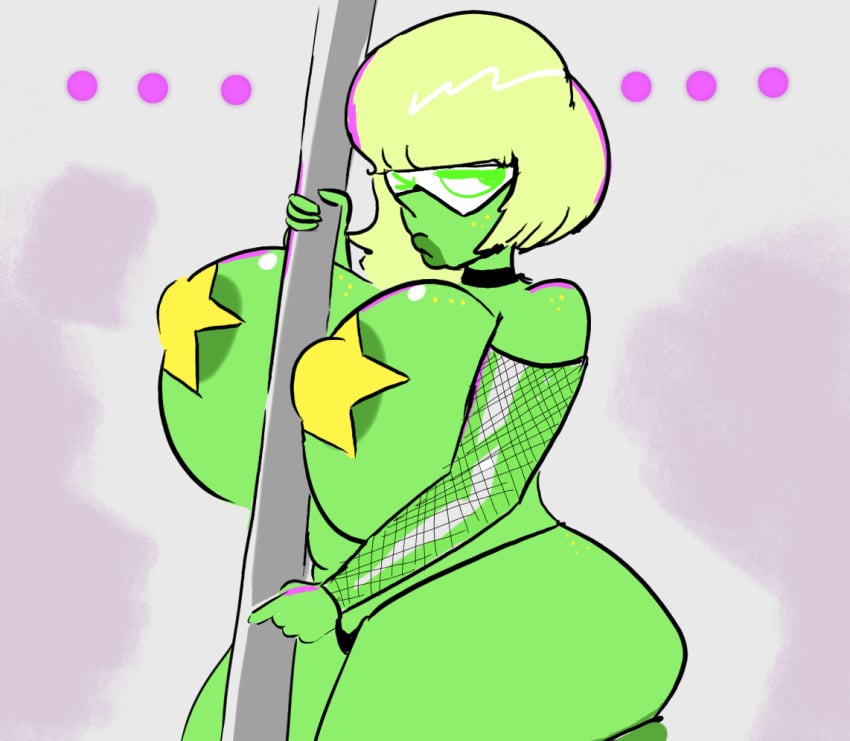 big_breasts blonde_hair bob_cut breasts female fishnets gem_(species) gemsona looking_at_viewer nicechan original_character pasties peridot_(steven_universe) star_pasties steven_universe stripper_pole