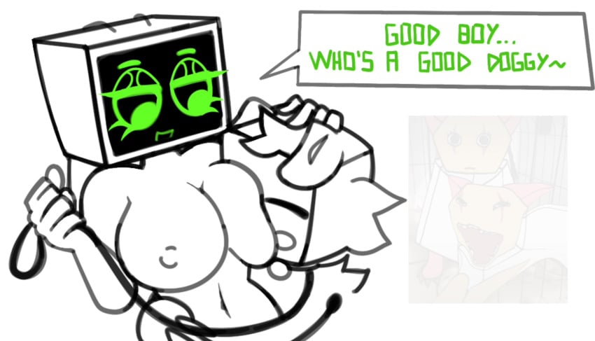 antennae breast_squish closed_eyes dandy&#039;s_world dialogue dog_ears goob_(dandy&#039;s_world) good_boy hand_around_waist hand_on_head happy happy_female large_breasts leash long_arms meme stregaz173341 sucking_nipples vee_(dandy&#039;s_world)