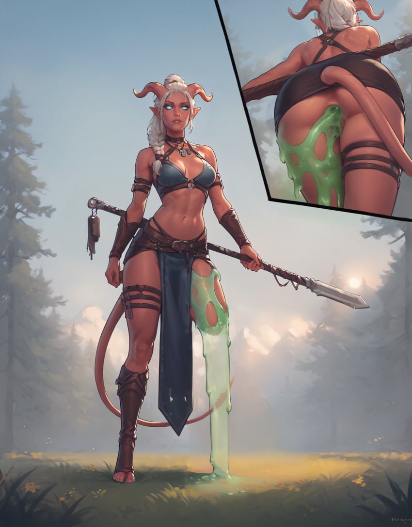 1girls ai_generated amputee braid braided_hair double_penetration female glaive glowing_eyes green_slime leg_amputee loincloth macfiz midriff outdoors red_skin slime sun symbiosis symbiote tiefling weapon white_hair