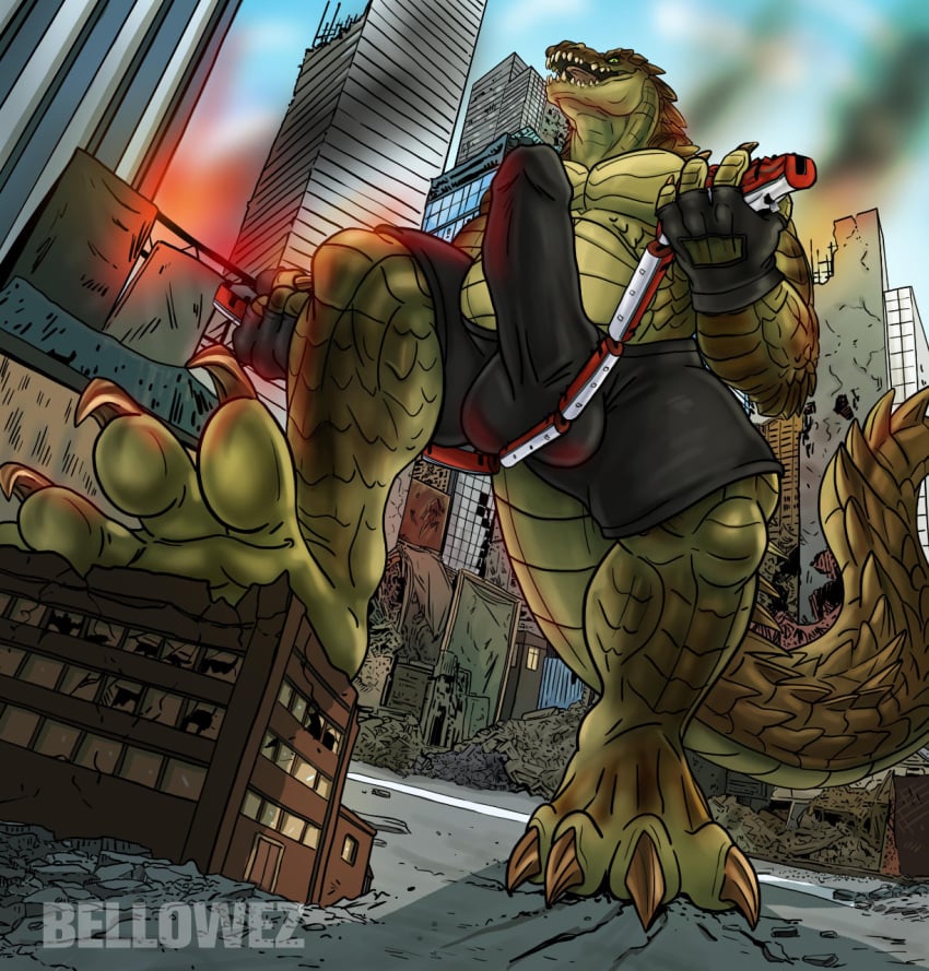 4_fingers anthro balls bellowez biceps big_penis boxer_briefs building carnak_(carpo) city city_background city_destruction cityscape claws clothing crocodile crocodilian crush destruction detailed_background digital_media_(artwork) erection erection_under_clothing feet finger_claws fingers fire genitals green_body green_eyes hi_res huge_cock humanoid_genitalia humanoid_penis landscape_dwarfing macro male muscular muscular_anthro muscular_male open_mouth outside paws pecs penile penis penis_shaped_bulge pyronite(commissioner) rampage reptile scalie sky solo tail teeth train underwear vehicle