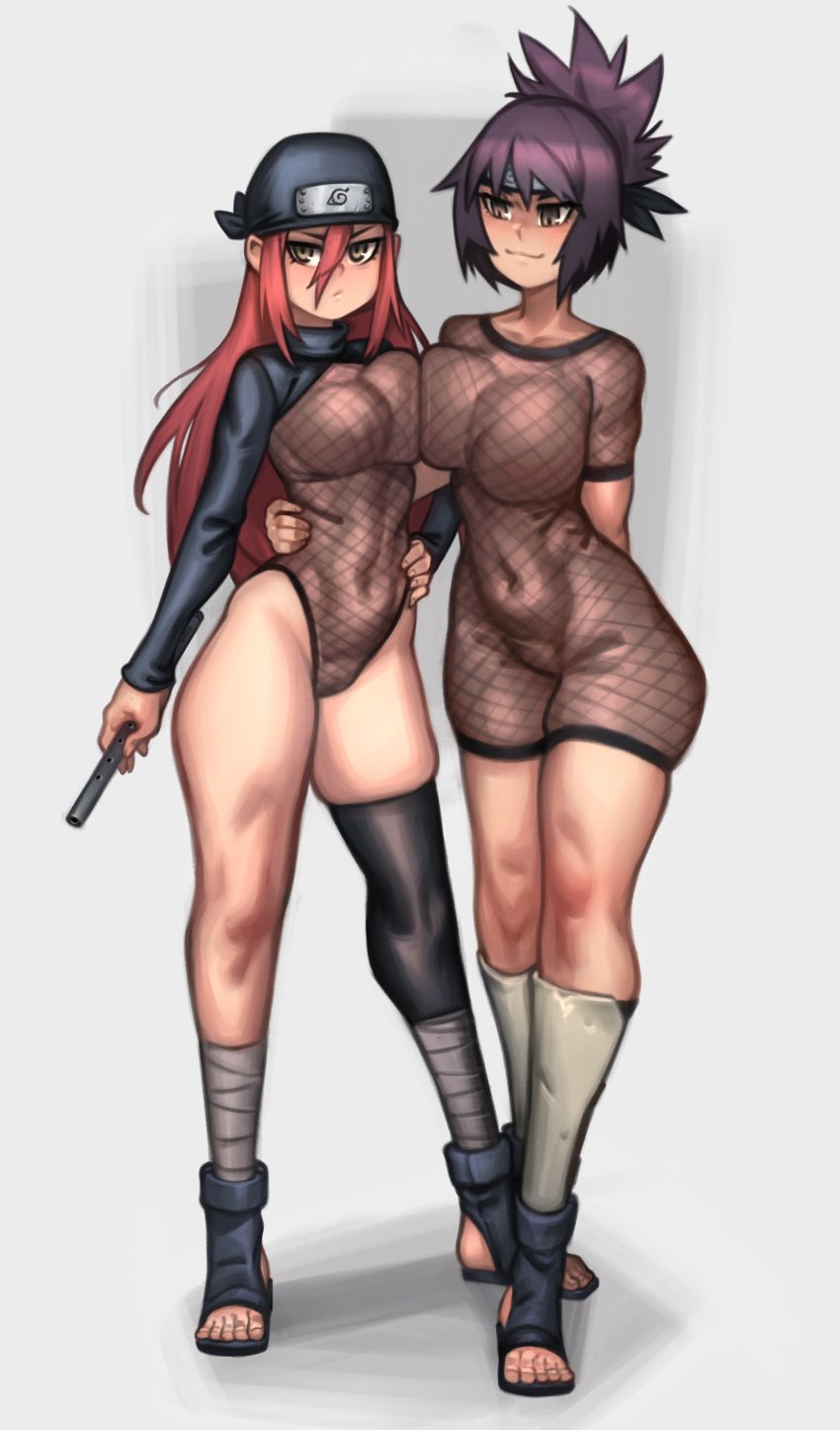 2girls abs annoyed asymmetrical_docking bodysuit breast_squish brown_eyes female_only fishnets flute hand_on_hip headband hi_res high_resolution hips kelvin_hiu konohagakure_symbol large_breasts long_hair long_sleeves looking_at_partner mesh_top mitarashi_anko naruto naruto_(classic) naruto_(series) open_toe_shoes ponytail red_hair sandals shin_guards simple_background smirk smug tayuya thighhighs tied_hair violet_hair yuri