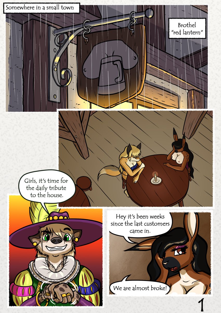 absurd_res anthro big_breasts black_hair blonde_hair blue_eyes breasts brothel brown_body brown_eyes brown_eyes brown_fur canid canine comic english_text fantasy female fox fur grace_o&#039;malley hair hi_res hyena lagomorph leporid long_hair mammal markings medieval megan_bryar pimp pimp_outfit prostitutes rabbit spots spotted_body spotted_fur text the_quest_for_quests tqfq white_body white_fur yellow_body yellow_fur zaiksmckraven