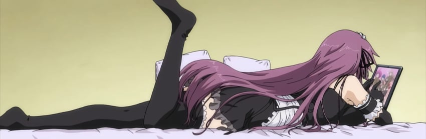 1girls apron ass bed bedroom big_breasts breast_press breasts busty computer feet female female_only from_side gloves hariyama_kiriha highres laptop large_breasts leg_lift leg_up legs long_hair lying maid maid_apron maid_headdress on_bed on_stomach pose posing purple_hair sideboob solo stitched the_pose thighhighs thighs third-party_edit tsun_tsun_maid_wa_ero_ero_desu very_long_hair voluptuous