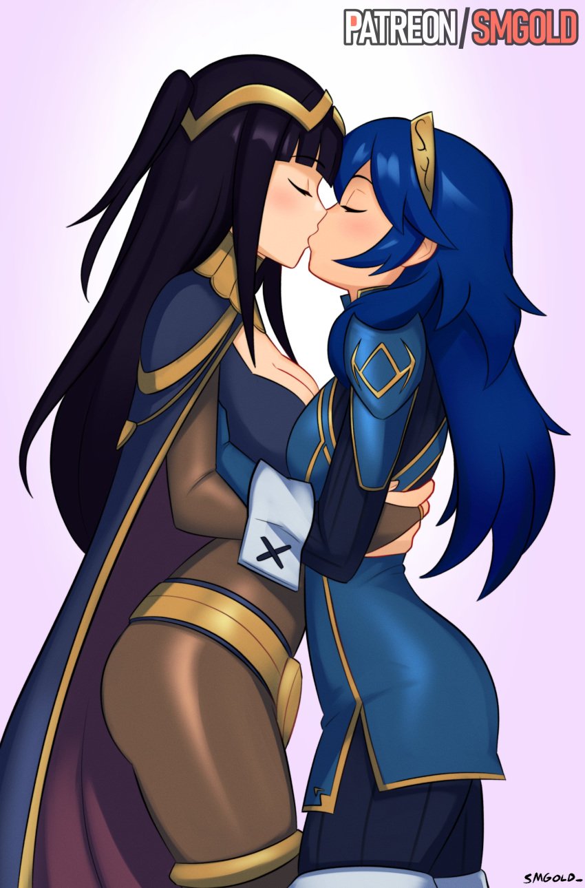 2girls absurd_res armor ass asymmetrical_docking black_hair blue_hair bodystocking breast_press breasts cape cleavage closed_eyes embrace female female_only fire_emblem fire_emblem_awakening highres kissing long_hair lucina_(fire_emblem) medium_breasts multiple_girls nintendo pantyhose purple_cape simple_background smgold tharja_(fire_emblem) thick_thighs tiara two-tone_cape yuri
