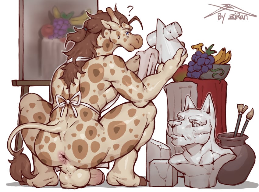 2025 anthro anus apple apron backsack balls banana biped blue_eyes bodily_fluids brown_hair brown_spots brush clothing crouching digital_media_(artwork) food fruit genitals giraffe giraffid grape hair hi_res humanoid_genitalia humanoid_penis long_hair looking_at_viewer looking_back male mammal margiela_(ziran) markings mostly_nude multicolored_body paintbrush painting penis perineum plant polishing question_mark rear_view sculpture simple_background solo spots spotted_body sweat sweatdrop tail tail_tuft tuft white_apron white_background white_clothing ziran