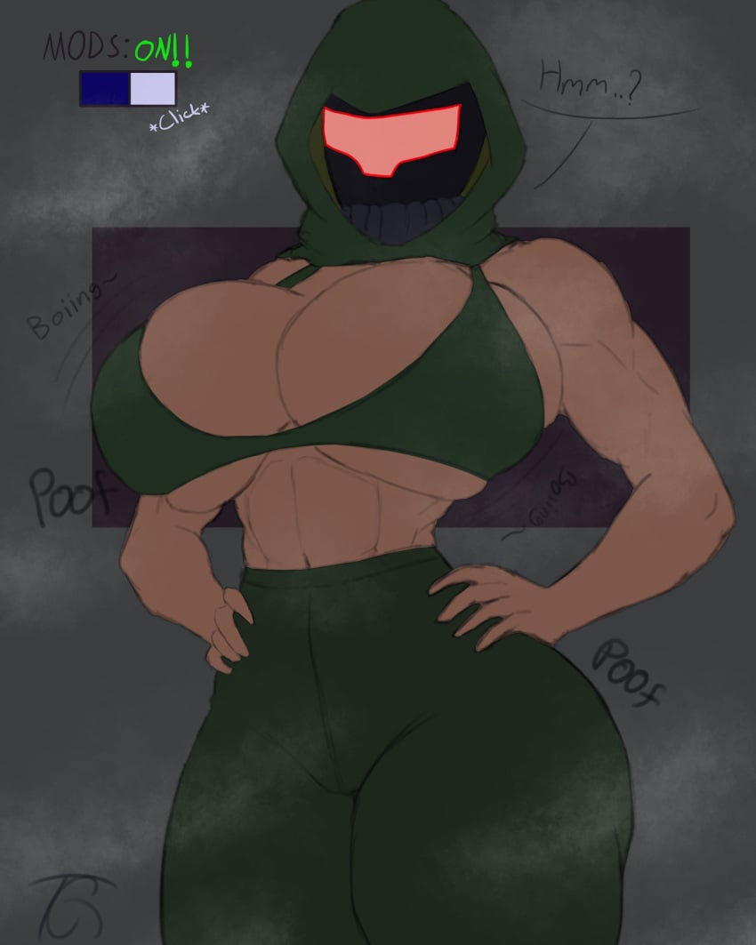 1girls 2025 ass ass_expansion before_and_after big_ass big_breasts breast_expansion breasts dialogue female female_only gameplay_mechanics green_clothing hands_on_hips hi_res hood panels railgunner_(risk_of_rain) risk_of_rain risk_of_rain_2 solo tamaada_requiem text thick_thighs thigh_expansion thighs topless