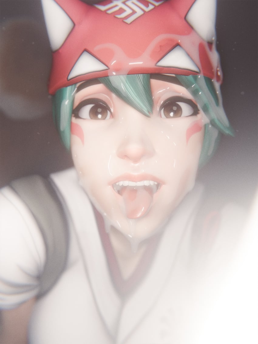 3d crgltmnt cum_in_mouth cumshot facial kiriko_(overwatch) overwatch overwatch_2 selfie
