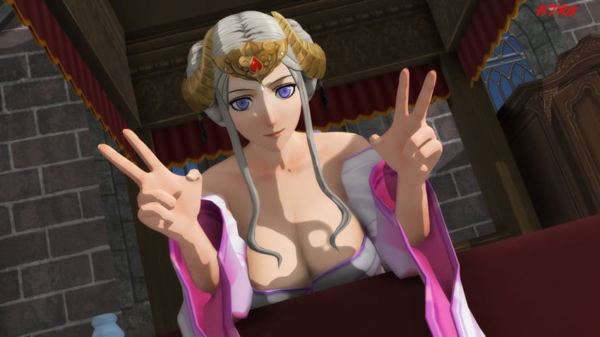 1girls 3d alternate_breast_size bare_shoulders breasts double_bun double_v edelgard_von_hresvelg female fire_emblem fire_emblem:_three_houses grey_hair hirutr18 horns htr18 large_breasts looking_at_viewer nintendo post-timeskip purple_eyes tiara v