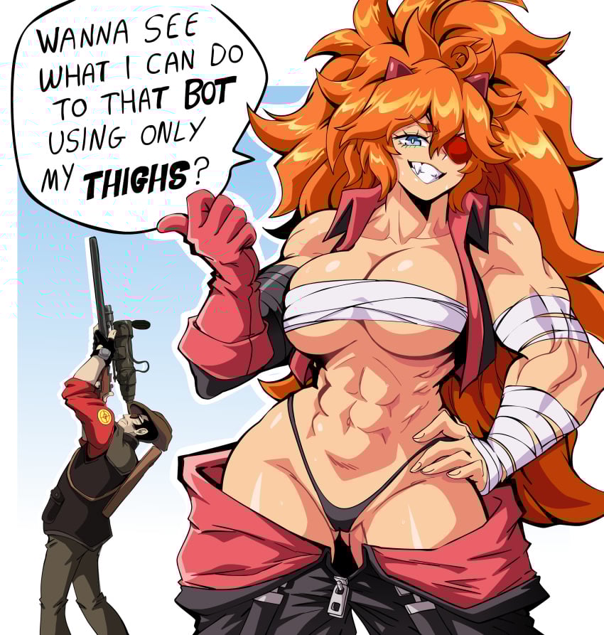 1boy 1boy1girl 1girls aimbot bandage big_breasts female lewdamone male meme muscular muscular_female sniper_(team_fortress_2) team_fortress_2 text thick_thighs zesty_(zestyjesus) zestyjesus