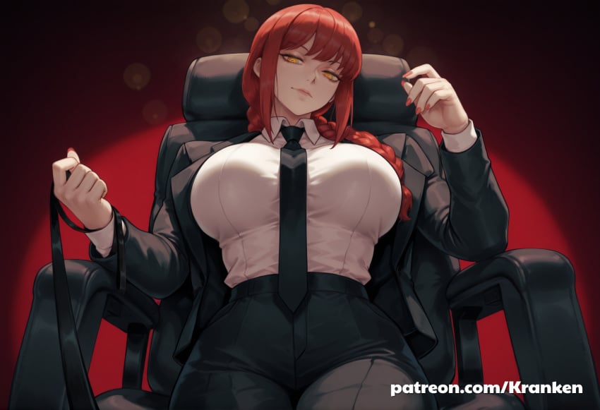 1girls ai_generated background big_breasts black_tie breasts business_suit business_woman chainsaw_man chair cowboy_shot female female_focus female_only kranken large_breasts leashed leashed_collar leashed_male leashed_pov long_hair looking_at_viewer makima_(chainsaw_man) office_chair office_clothing office_lady patreon patreon_url patreon_username pawg red_hair sitting thick_female thick_thighs tie yellow_eyes