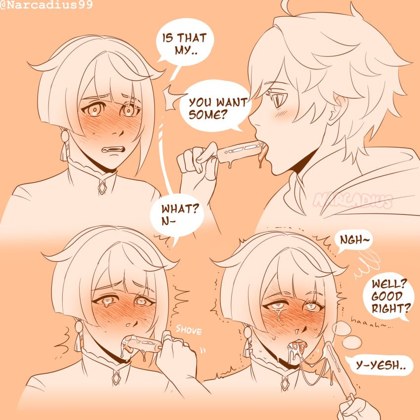 2boys ahe_gao blowjob blowjob_face blush blushing chongyun_(genshin_impact) cum_eating cum_in_mouth dominant_male drool drool_string drooling earring eating_cum eyes_rolling_back femboy flustered frozen_cum gay gay_domination genshin_impact male male/male male_only mind_break narcadius popsicle popsicle_in_mouth popsicle_melting submissive_male tear tears_of_pleasure tongue tongue_out tremble_lines tremble_spikes trembling trembling_for_pleasure xingqiu_(genshin_impact) yaoi