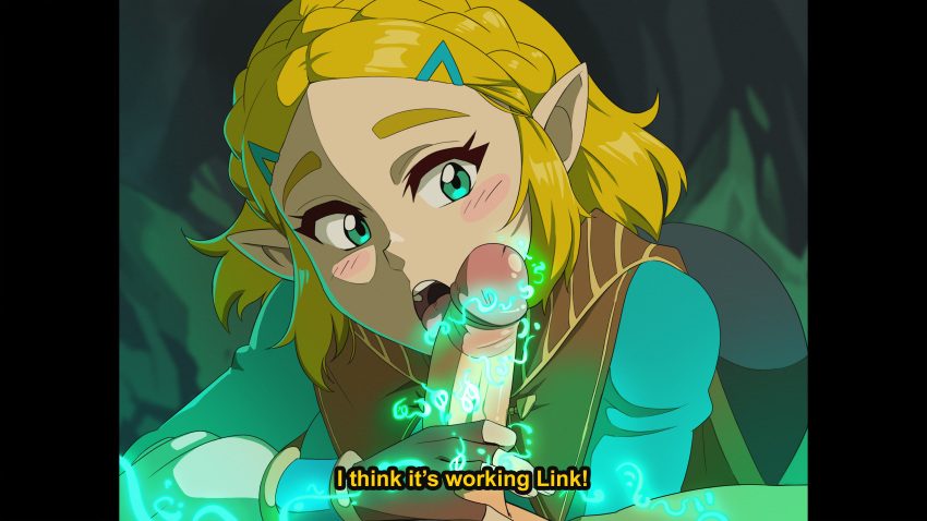 1boy 1girls alternate_version_available big_ass big_butt blonde_hair blush braid breath_of_the_wild dirtyero_(artist) english_text fake_screenshot female female_focus fingerless_gloves hand_on_penis hylian licking_penis link link_(breath_of_the_wild) magic male manual nintendo oral pale_skin penis pillarbox pointy_ears pov princess_zelda retro_artstyle solo_focus straight subtitled tears_of_the_kingdom text the_legend_of_zelda throat tongue_out turquoise_eyes zelda_(tears_of_the_kingdom)