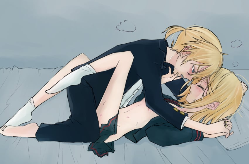 1boy barefoot blonde_hair blue_eyes blush breasts brother_and_sister clothed_sex face-to-face female fingers_to_mouth forehead-to-forehead half-closed_eyes heavy_breathing incest interlocked_fingers kagamine_len kagamine_rin lying midriff missionary navel nibbling on_back open_clothes open_mouth opposite_sex_twins same_(seirenmetal) school_uniform short_ponytail siblings small_breasts socks sweat sweatdrop twincest twins underboob vocaloid