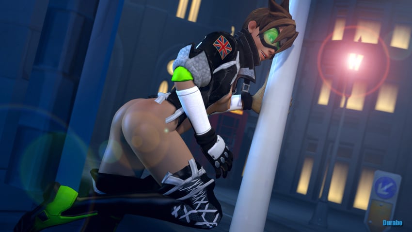 3d alternate_color artist_name ass brown_hair durabo female goggles overwatch pants_down solo tracer