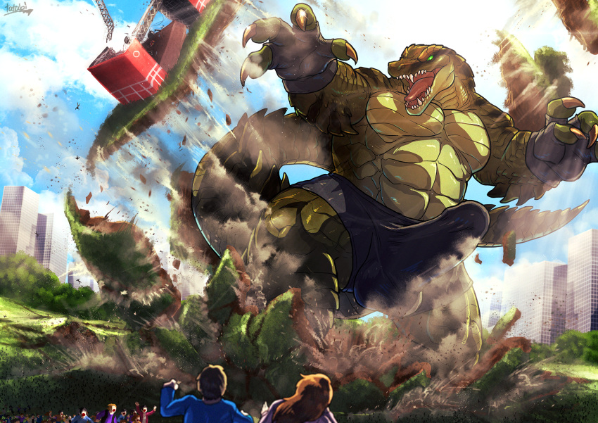 4_fingers abs anthro biceps big_penis boxer_briefs building carnak_(carpo) city city_background city_destruction cityscape claws clothing concert crocodile crocodilian crush destruction detailed_background digital_media_(artwork) erection erection_under_clothing finger_claws fingerless_gloves fingers genitals gloves green_body green_eyes handwear hi_res huge_cock humanoid_genitalia humanoid_penis landscape_dwarfing macro male muscular muscular_anthro muscular_male nude open_mouth outside paws pecs penile penis penis_shaped_bulge pyronite(commissioner) rampage reptile scalie sky solo tail tatugon teeth underwear