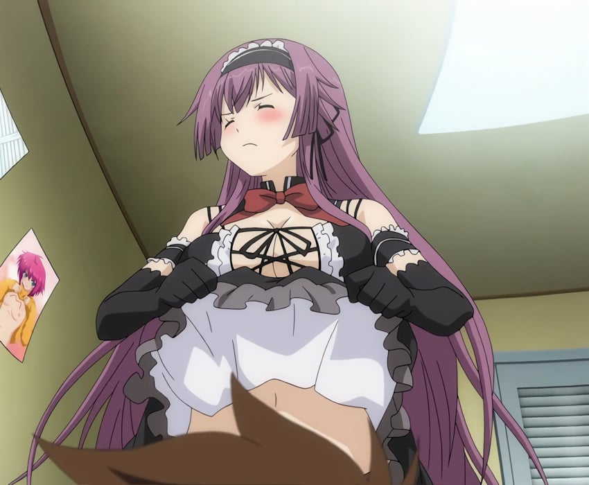 1boy 1girls big_breasts blush bottomless breasts brown_hair busty cleavage closed_eyes convenient_censoring female gloves hariyama_kiriha highres large_breasts lifted_by_self lying maid maid_headdress male navel no_panties purple_hair short_hair stitched third-party_edit tsun_tsun_maid_wa_ero_ero_desu voluptuous
