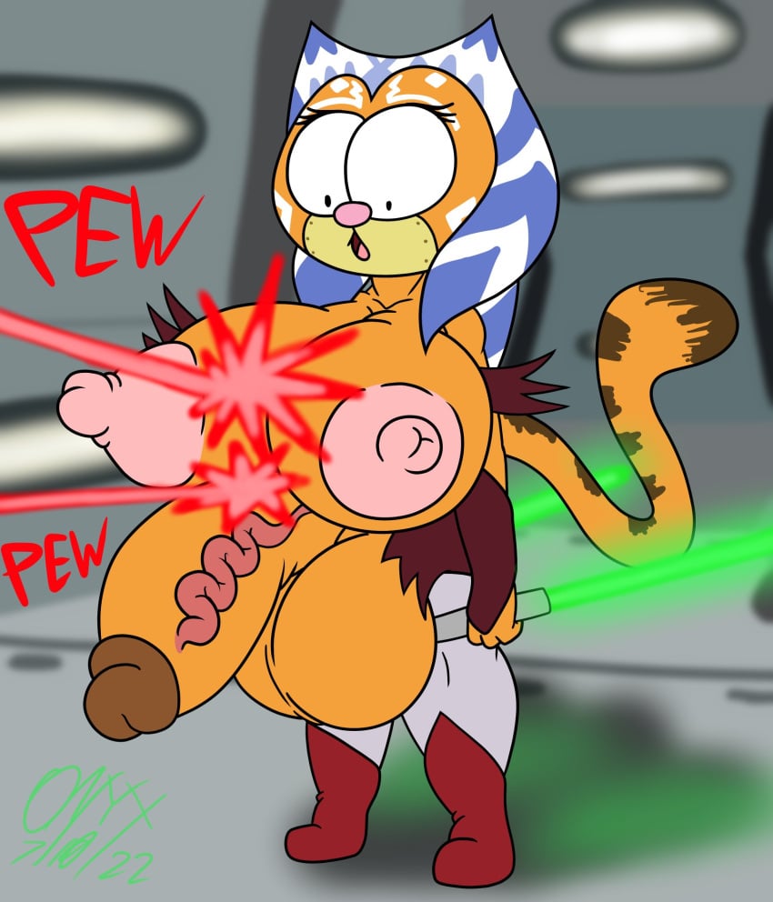 1futa 1girls ahsoka_tano background balls ballsack barely_clothed big_balls big_breasts big_nipples big_penis blurred_background blurry_background boots bracers breast_focus breasts breasts_bursting_out breasts_out breasts_outside bursting_breasts bursting_clothes bursting_out_of_clothing bursting_penis cat_humanoid cat_nose cat_tail catgirl cleavage clothes clothing color colored copyright_request detailed_background dual_wielding erect_nipples erect_penis erection erection_through_clothing eyelashes eyes_wide_open female front_view fur fusion fusion_character futa_focus futa_only futanari garfield_(series) garfield_the_cat genitals hair intersex laser laser_beam leggings lightsaber long_hair looking_at_breasts looking_at_self looking_down mad_(series) nipples nipples_out nipples_outside onyx_twilight orange_fur penis pew practically_nude revealing_clothes spacecraft spaceship_interior standing star_wars sudoku_(mad) surprised surprised_expression text togruta topless vein veins veiny veiny_penis weapon weapons wide_eyed