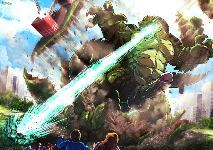 4_fingers abs anthro balls biceps big_penis building carnak_(carpo) city city_background city_destruction cityscape claws concert crocodile crocodilian crush destruction detailed_background digital_media_(artwork) erection finger_claws fingers genitals green_body green_eyes hi_res huge_cock humanoid_genitalia humanoid_penis landscape_dwarfing laser light light_beam macro male micro_human muscular muscular_anthro muscular_male nude open_mouth outside paws pecs penile penis pyronite(commissioner) rampage reptile scalie sky solo tail tatugon teeth tongue vein veiny_penis