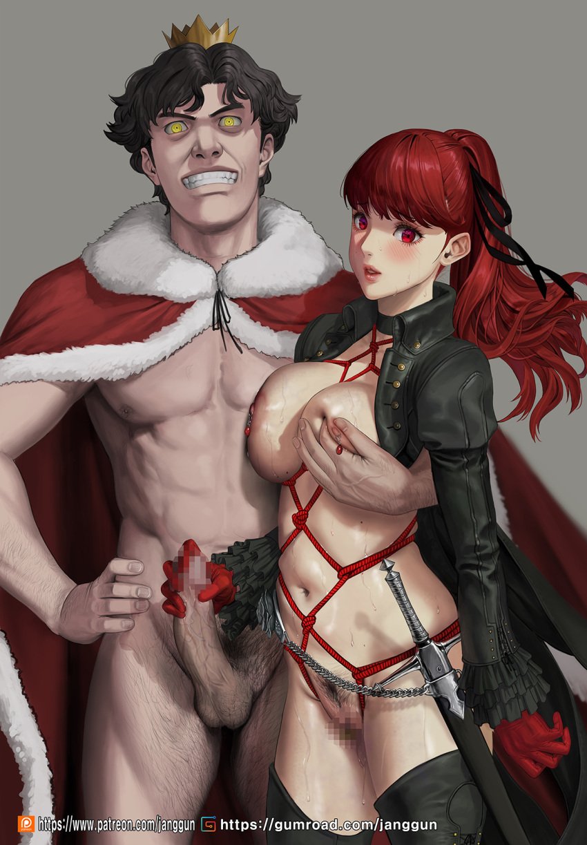 1boy abs atlus balls ballsack black_hair black_jacket black_ribbon blush bondage breast_grab breasts cape censored commentary cowboy_shot crown dominant dominant_male domination erection evil_grin evil_smile female female_pubic_hair femsub frilled_sleeves frills fur-trimmed_cape fur_trim gloves grabbing grey_background grin gumroad_username hair_ribbon hand_on_hip handjob helpless highres human jacket janggun kasumi_yoshizawa leather leather_jacket long_hair long_sleeves looking_at_viewer male male_pubic_hair maledom manual megami_tensei mole mole_on_breast mosaic_censoring navel nipple_piercing nipple_pinch nipple_pinching nipple_tweak nipples open_clothes open_jacket outerwear pale_skin parted_lips patreon_username pecs penis penis_grab persona persona_5 persona_5_royal phantom_thief_suit piercing ponytail pubic_hair red_cape red_eyes red_gloves red_hair red_rope ribbon rope scabbard scrotum sega shadow_self_(persona) sheathed simple_background smile submissive submissive_female suguru_kamoshida sumire_yoshizawa sweat sword testicles veiny_penis weapon yellow_eyes