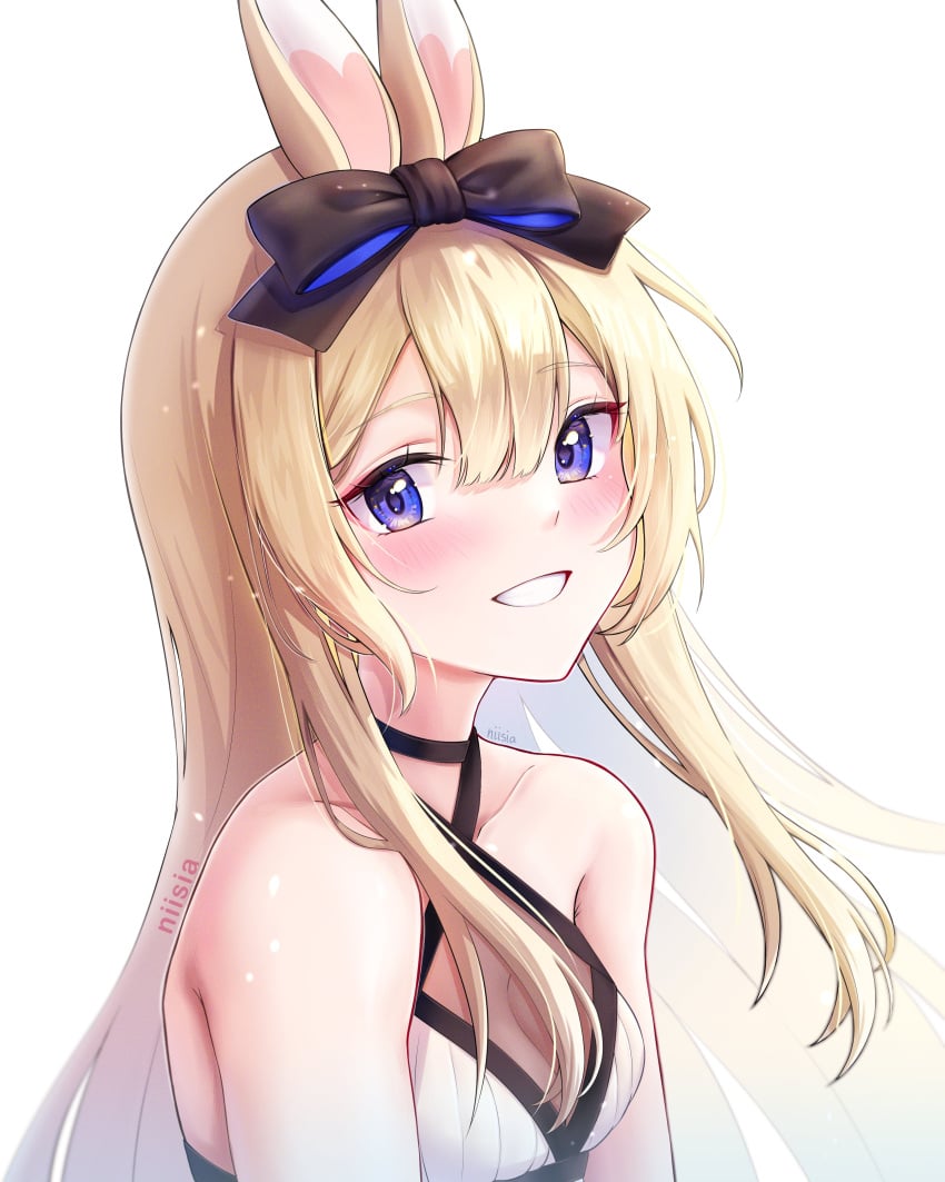 animal_ears artist_name bangs bare_shoulders black_bow black_choker blonde_hair blue_eyes blush bow breasts bunny_ears choker collarbone diagonal_stripes dress eyebrows_visible_through_hair female grin hair_between_eyes hairbow long_hair looking_at_viewer purple_eyes signature simple_background small_breasts smile solo striped striped_background striped_shirt upper_body vertical_stripes virtual_youtuber vyugen white_background yenko