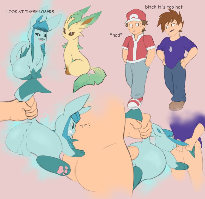 ambiguous_gender anal anal_sex angry anus balls eeveelution english_text feral generation_4_pokemon generation_6_pokemon genitals glaceon heardnoevil hi_res human human_on_feral interspecies leafeon male male/male mammal nintendo oral oral_penetration penetration pokemon pokemon_(species) pokephilia profanity raised_tail rape spitroast tail tail_grab text zoophilia