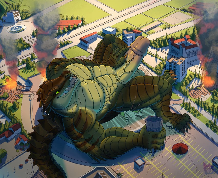 abs anthro biceps big_penis building carnak_(carpo) city city_background city_destruction cityscape claws crocodile crocodilian crush daru_brek destruction detailed_background digital_media_(artwork) erection feet finger_claws fire genitals green_body green_eyes hi_res huge_cock humanoid_genitalia humanoid_penis landscape_dwarfing macro male muscular muscular_anthro muscular_male nude open_mouth outside paws pecs penile penis pyronite(commissioner) reptile scalie sky solo stadium tail teeth toe_claws toes vein veiny_penis
