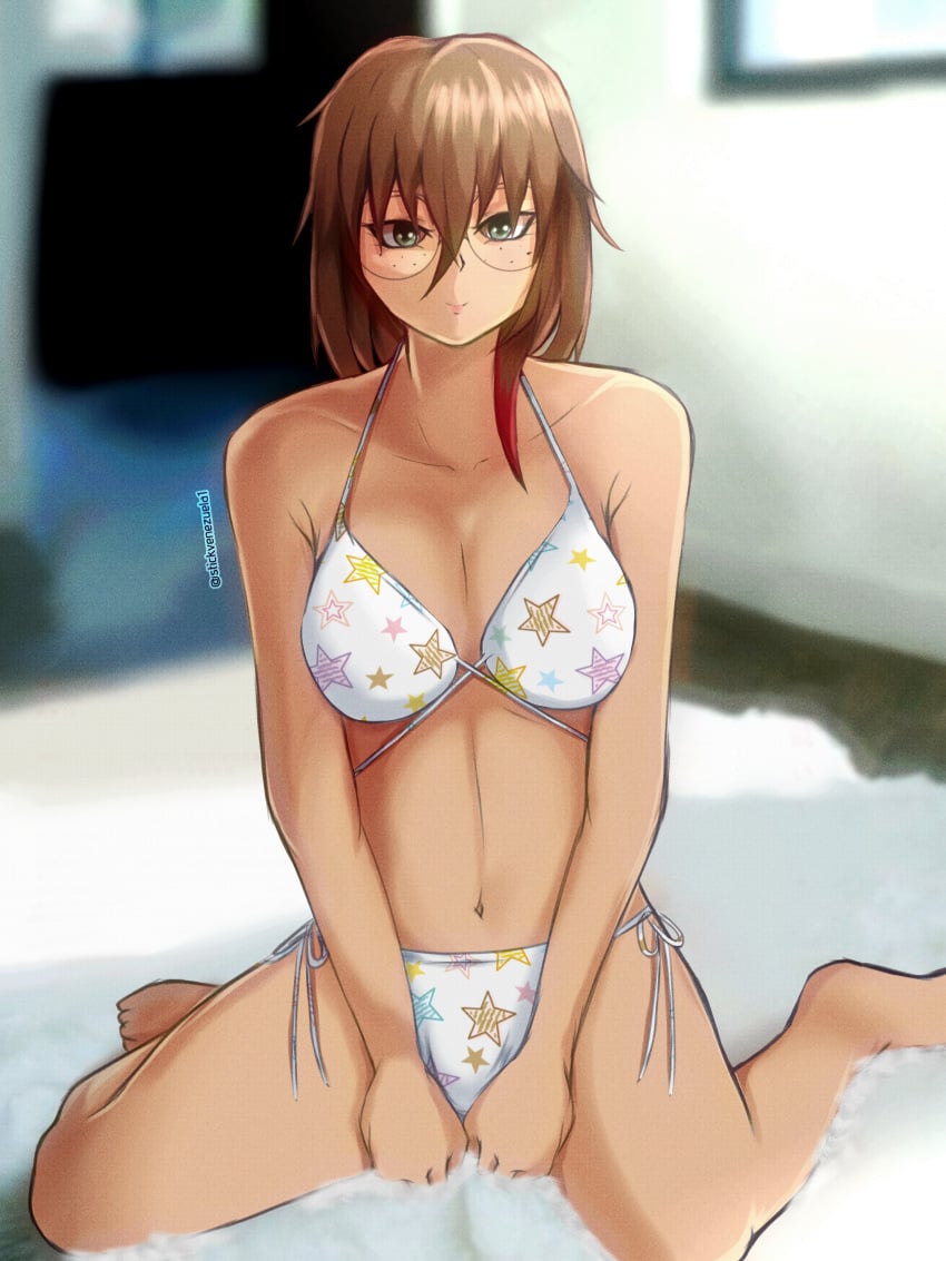 bikini brown_hair female free glasses green_eyes hi_res kneeling lyliana_santos_(stickvenezuela) nerd original original_character stickvenezuela string_bikini tagme teenage_girl teenager white_bikini wide_hips