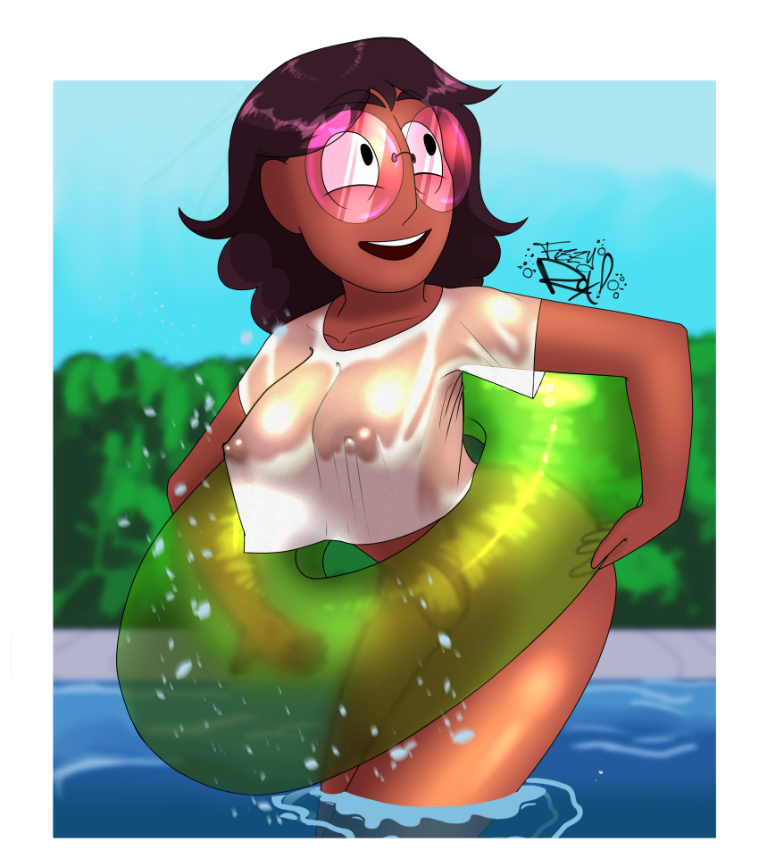 big_breasts brown_hair cartoon_network connie_maheswaran dark-skinned_female fizzyrox_(artist) floaty glasses indian pink_glasses pool see-through steven_universe straight_hair wet_clothes wet_shirt wet_t-shirt