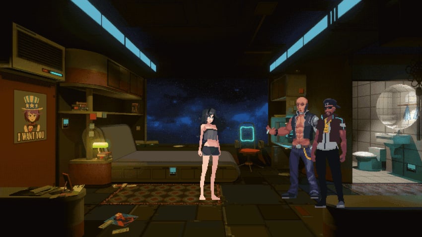 1girls 2boys acceptance animated ann_flores anno:mutationem annoyed black_hair blue_eyes cyberpunk female imminent_rape imminent_sex loose_clothes loose_shirt male medium_breasts no_bra pajamas pixel_animation pixel_art shorts smaller_female ss3-sai thug trapped