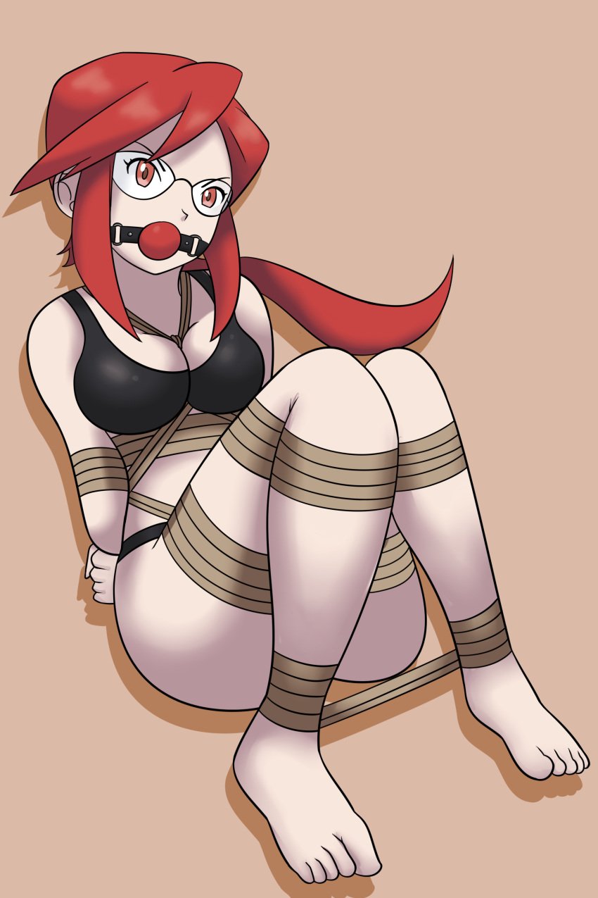 1girls arms_tied_behind_back ass ball_gag black_bra black_panties bondage bondage bra breasts dankestofdans gag gagged glasses large_breasts legs_tied lorelei_(pokemon) midriff nintendo panties pokemon pokemon_lgpe ponytail red_ball_gag red_eyes red_hair rope rope_between_breasts rope_bondage shibari_over_clothes