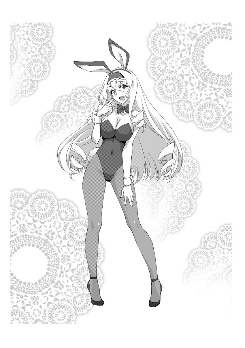 1girls animal_ear_hairband animal_ears big_breasts bow bowtie breasts bunny_ears bunny_girl bunnysuit busty cecilia_alcott cleavage detached_collar fake_animal_ears female female_only frilled_hairband frills greyscale hairband high_heels highres infinite_stratos large_breasts leotard long_hair looking_at_viewer monochrome pantyhose smile solo standing strapless strapless_leotard voluptuous wrist_cuffs yuuki_homura