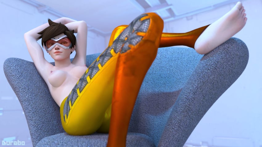 1girls 3d big_feet brown_hair durabo feet female goggles overwatch solo topless topless_female tracer