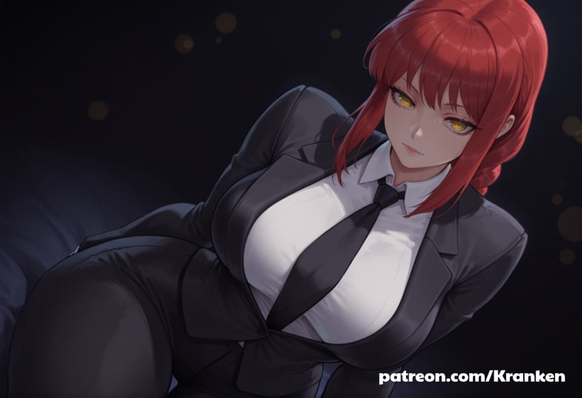1girls ai_generated background big_breasts black_tie breasts business_suit business_woman chainsaw_man cowboy_shot female female_focus female_only kranken large_breasts long_hair looking_at_viewer makima_(chainsaw_man) office_clothing office_lady patreon patreon_url patreon_username pawg red_hair sitting thick_female thick_thighs tie yellow_eyes