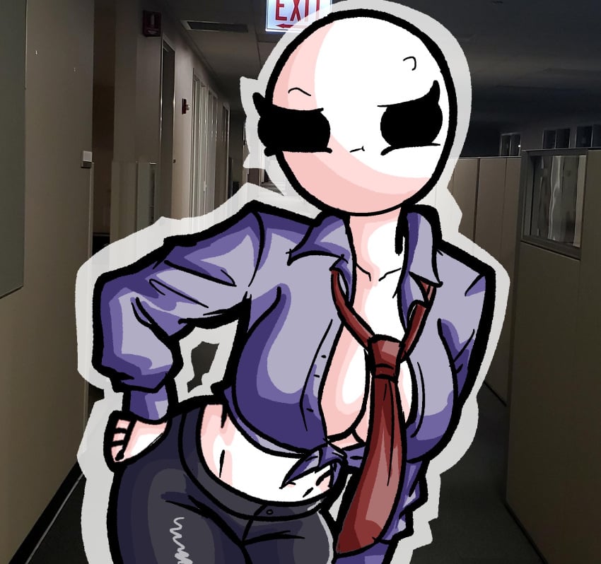 bald_female bending_forward bending_over black_eyes black_pants breasts chetoh claire_(chetoh) cleavage egg exit_sign female female_focus female_only hallway hallway_in_background looking_at_viewer no_bra oc office_clothing original original_character pants photo_background purple_shirt shirt tie tied_shirt white_body