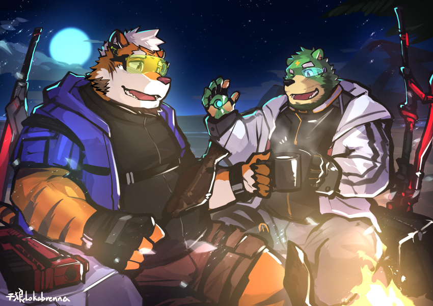 animal_tail anthro bear blush camping chubby dungeon dungeon_explorer furry jinpei jinpei_(dungeon_explorer) kemono kosu_(dungeon_explorer) kosutora lokabrenna mature motion_lines muscles outside purple_eyes red_eyes thick_thighs tiger white_eyebrows white_mouth