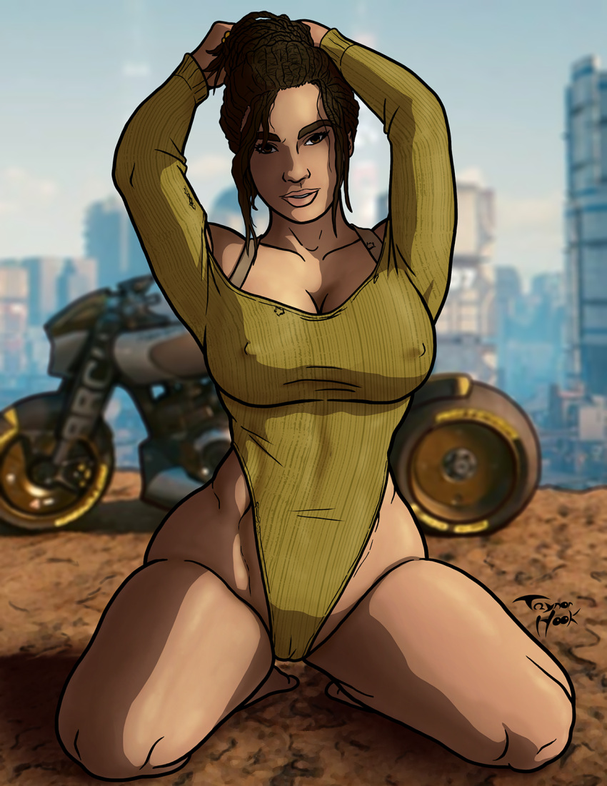 bare_legs bare_shoulders big_breasts black_hair bra bra_strap breasts busty cameltoe cleavage cyberpunk cyberpunk_2077 erect_nipples female female_focus female_only hourglass_figure kneeling leotard long_hair nipple_bulge panam_palmer pinup pinup_pose pose posing solo tagme taynor_hook thong_leotard wide_hips