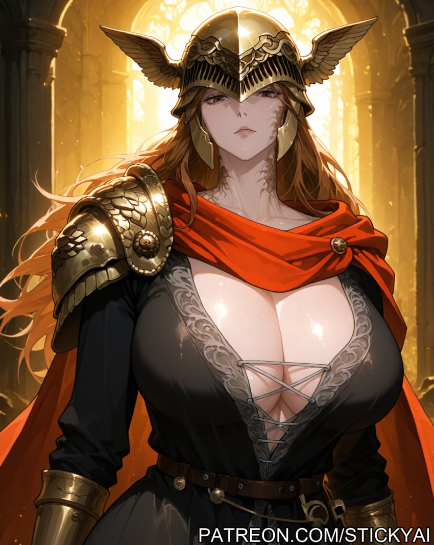 1girls ai_generated anime armor breasts brown_eyes brown_hair elden_ring female fit green_eyes helmet jujutsu_kaisen kugisaki_nobara malenia_blade_of_miquella nobara_kugisaki nsfw stickyai