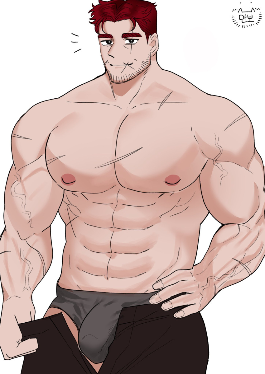 abs bara bara_tiddies bara_tits barazoku biceps big_nipples big_pecs black_eyes_male black_male_underwear bodybuilder brown_pants buff buff_male daddy dilf facial_hair fair_skin gay gay_bear gay_daddy gay_male gay_only hunk male manbocm masculine_male mature_male mens_love muscular muscular_arms muscular_biceps muscular_male no_females no_women only_for_men pants_partially_removed pecs pectorals red_hair_male scars_on_body solo_male white_background