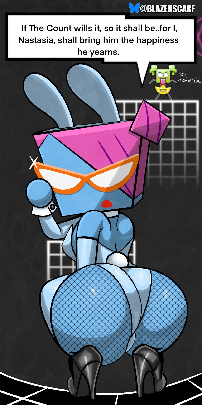 ass big_ass blazedscarf bunnysuit butt_focus female female_focus female_only fishnets glasses heels mario_(series) mimi_(super_paper_mario) nastasia paper_mario squatting super_paper_mario text thick_thighs wide_hips