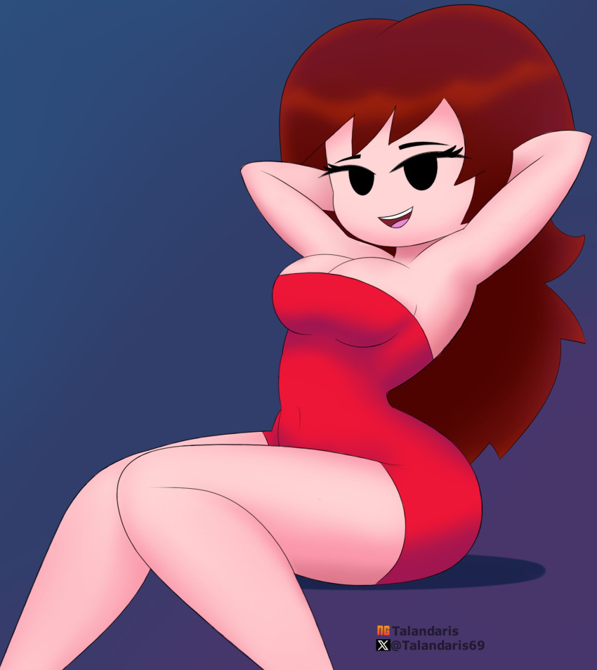 1girls armpits auburn_hair breasts cleavage dreas female female_only friday_night_funkin girlfriend_(friday_night_funkin) long_hair open_mouth open_smile red_dress sitting smile solo solo_female talandaris69