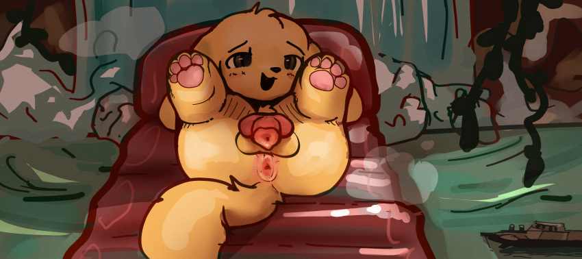 animal_genitalia animal_penis anthro anus ass balls bird_dog blush blush_lines brown_eyes canid canine canine_genitalia canine_penis canis domestic_dog fluffy fluffy_tail gaping gaping_anus genitals hi_res hunting_dog inside labrador lying male mammal nude on_back open_mouth pawpads paws penis presenting presenting_anus presenting_hindquarters public public_exposure public_nudity raised_leg retriever rock smile solo steam tail tito-tonton water waterfall yellow_body
