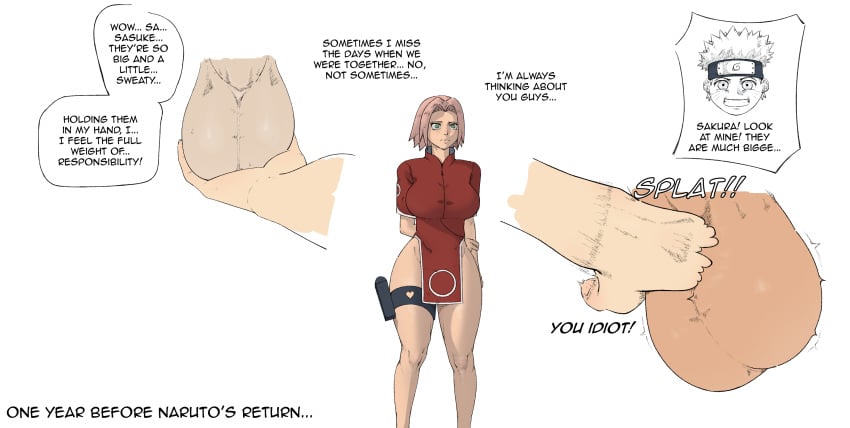 1girls 2025 2boys ball_fondling ballbusting balls ballsack big_balls big_breasts big_thighs breasts cbt female green_eyes kick_in_the_balls light-skinned_female light_skin male naruto pink_hair sakura_haruno sasuke_uchiha simple_background size_difference sweaty_balls text uzumaki_naruto yamato_bb