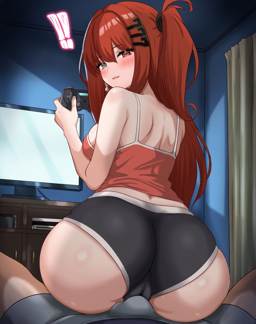 !! 1boy 1girls blush boxers_(clothing) breasts bulge bulge_through_clothing buttjob clothed clothing controller daiya_fortuna eyebrows_visible_through_hair female furniture game_controller gaming grey_eye hair_ornament heterochromia huge_breasts indie_virtual_youtuber indoors light-skinned_female light-skinned_male light_skin looking_at_viewer looking_back male male_pov night ponytail pov red_eye red_hair room shorts side_ponytail sitting sitting_on_penis sitting_on_person sukoyugiri tank_top tv virtual_youtuber