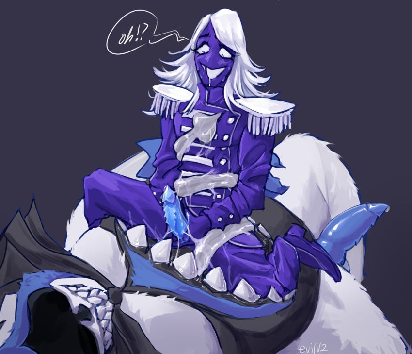 2boys bigger_dom_smaller_sub blue_penis blue_skin bodily_fluids deltarune drooling evilv2 fully_clothed imminent_sex king_spade male male/male male_only mawplay non-human_penis penis rouxls_kaard surprised tentacle twink undertale_(series) white_fur white_hair